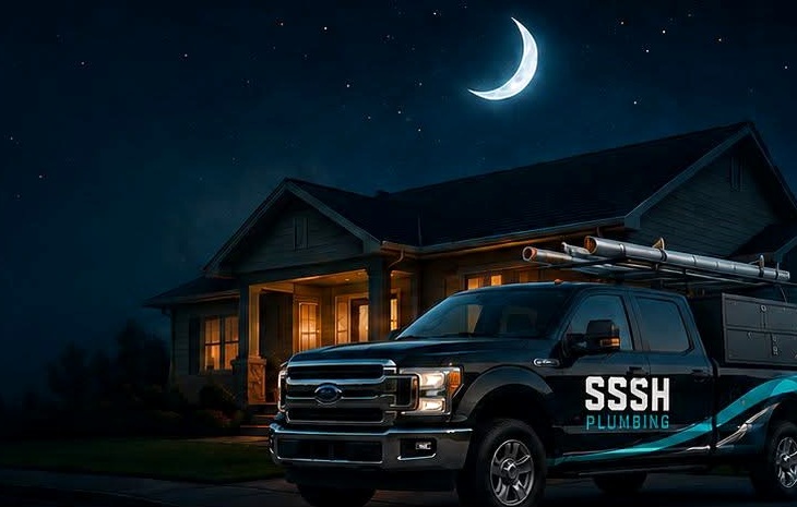 SSSH Plumbing service truck outside a home at night